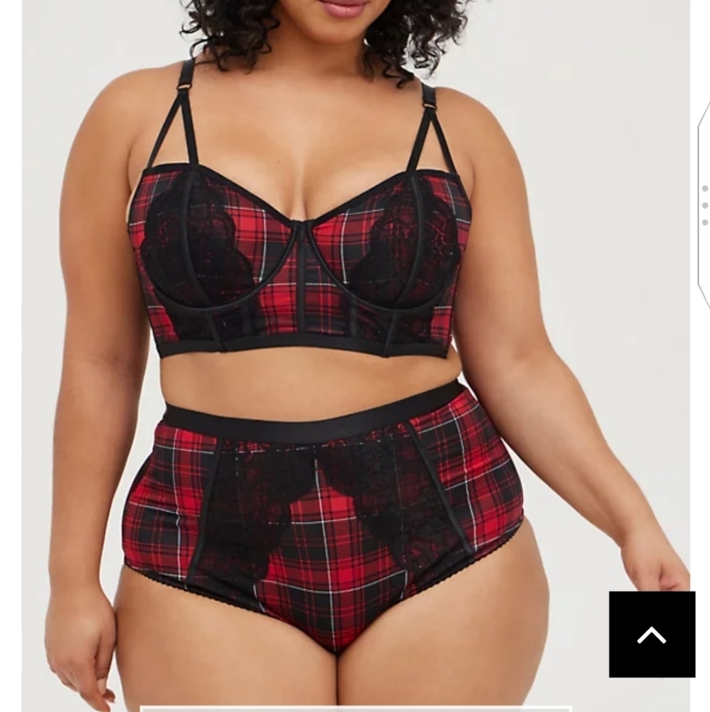 🆕 SET - RED PLAID UNLINED LONGLINE STRAPPY BRALETTE & HIGH WAIST PANTY S